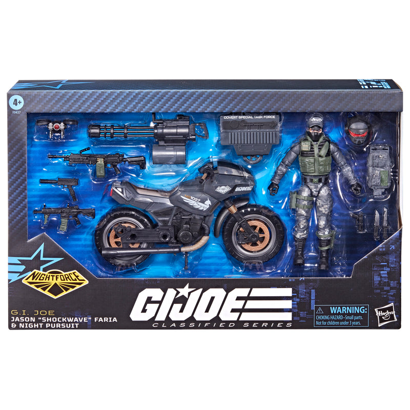 Load image into Gallery viewer, G.I. Joe Classified Series - Night Force Jason (Shockwave) Faria and Night Pursuit Cycle
