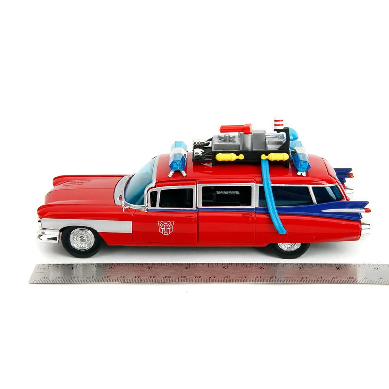 Load image into Gallery viewer, Jada Toys - Ghostbusters X Transformers - Ecto-1 (Optimus Prime Graphics) Die-Cast Metal Vehicle 1/24 Scale
